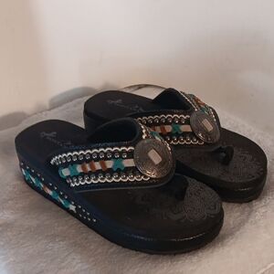 Montana West Black and Teal Embellished Sandals